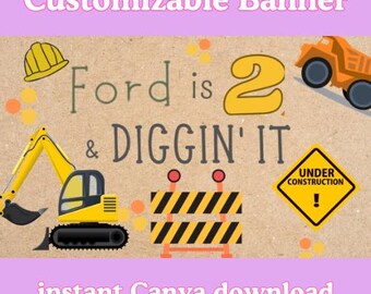 Construction themed birthday banner - instant Canva download