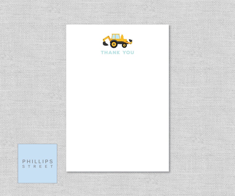 printable CONSTRUCTION thank you cards excavator, backhoe loader, dump truck, cement mixer note card instant download image 5