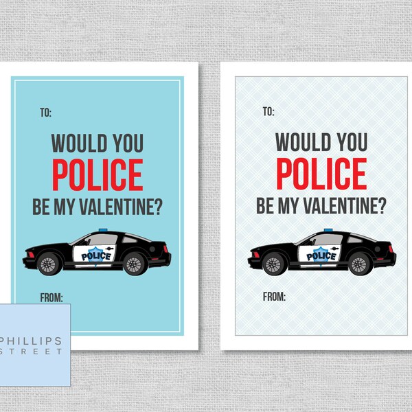 printable police car Valentine's Day cards .  police classroom valentines  .  children's police valentines  .  instant download