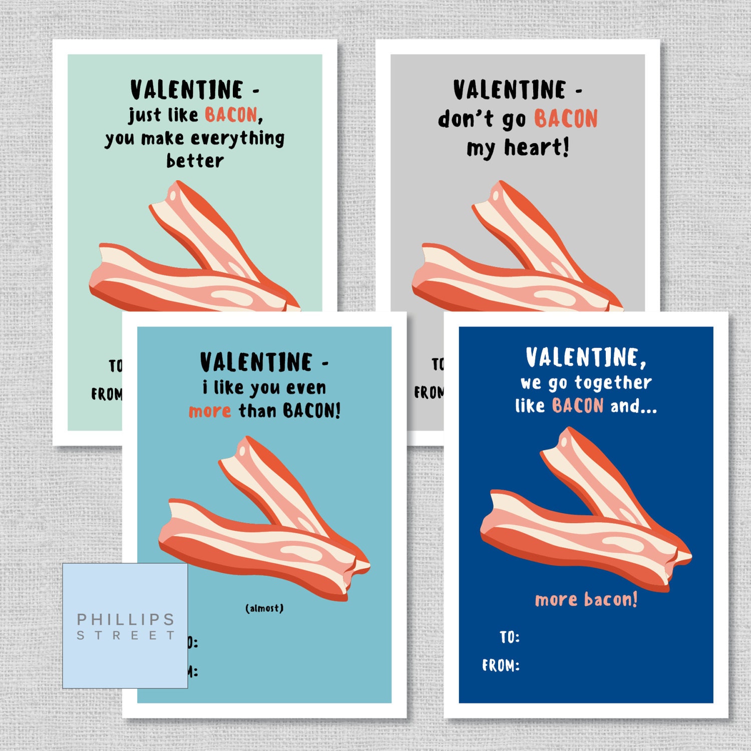 Printable BACON Valentine s Day Cards Kids Classroom Valentines Funny Valentine Instant