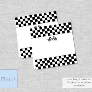 tarjetas de lugar imprimibles RACE CAR blanco/negro - baby shower - decoración fiesta de carreras - DIY