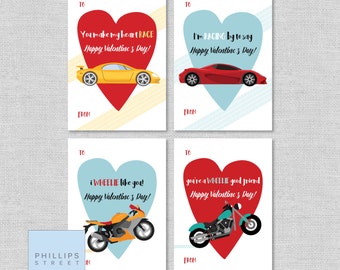 printable RACE CAR / MOTORBIKE Valentine's Day cards . kids racing valentines . classroom valentines . instant download . race car motorbike