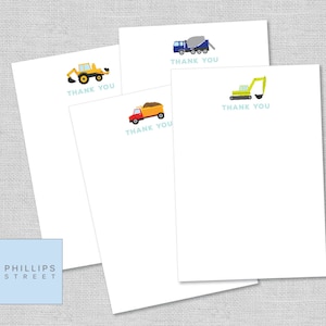 printable CONSTRUCTION thank you cards excavator, backhoe loader, dump truck, cement mixer note card instant download image 1