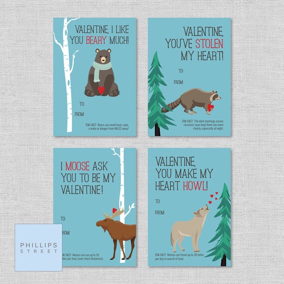 Printable WOODLAND ANIMALS Valentine's Day Cards . Kids