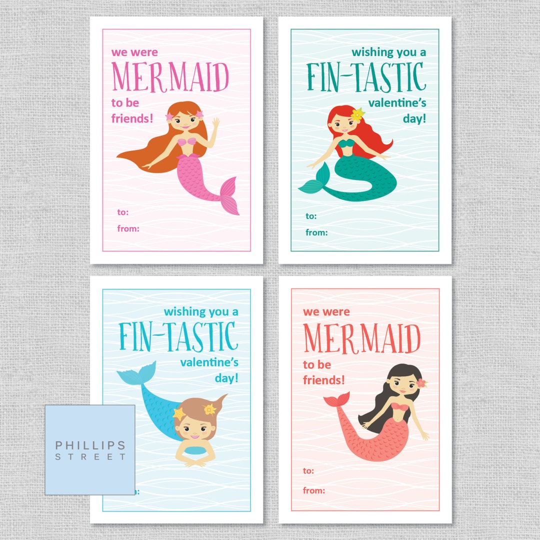 Printable MERMAID Valentine's Day Cards . Kids Classroom Valentines ...