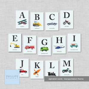 cartes d'alphabet de transport imprimables. Art mural ABC. cartes flash. décor de pépinière