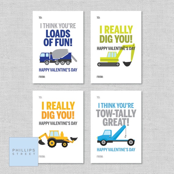 Printable Construction Vehicles Valentine's Day Cards