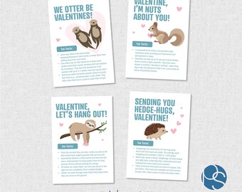 printable ANIMAL fun fact valentines cards - mammal fun facts - classroom valentine - otter, squirrel, sloth, hedgehog - candy free