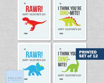 printed DINOSAUR valentine's day cards  .  SET of 12  .  classroom valentines  .  kids' dinosaur valentines