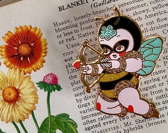 Mason the Kewp-Bee, glittery Kewpie Bee - hard enamel lapel pin badge by Stacey Martin Tattoos