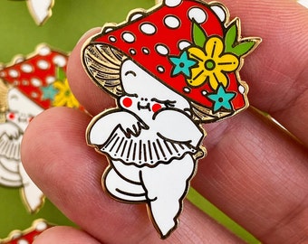 Amanita the Magical Mushroom- kewpie hard enamel lapel pin badge by Stacey Martin Tattoos