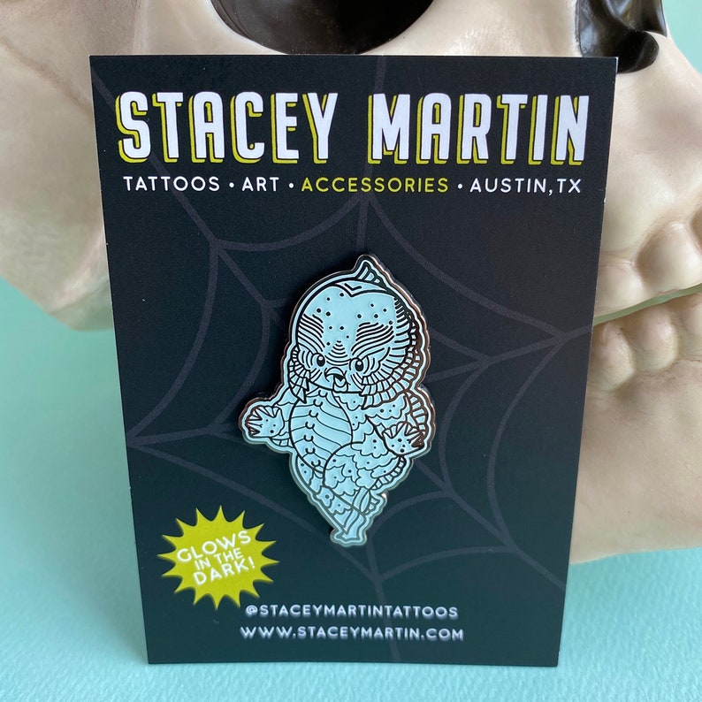 Ricky the Wee Monster Babe Pin Glow-In-The-Dark Kewpie Enamel Pin Badge by Stacey Martin Tattoos image 2