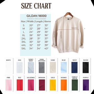 Puede incluir: Una tabla de tallas para una sudadera unisex Gildan 18000, con medidas en pulgadas para ancho, largo y largo de manga. La tabla incluye tallas de la S a la 5XL. Muestras de color muestran opciones como blanco, gris deportivo y negro.