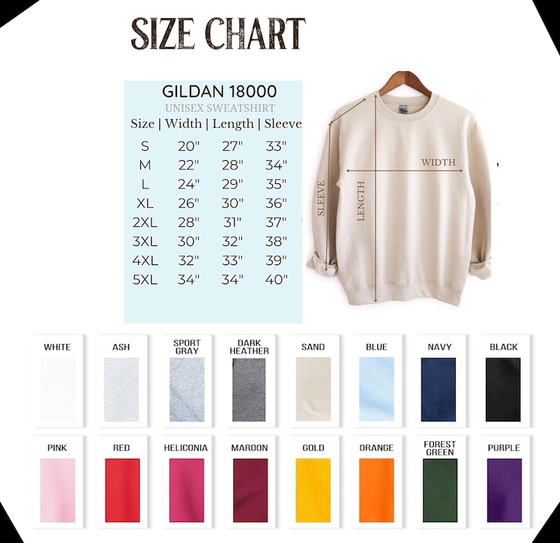 Puede incluir: Una tabla de tallas para una sudadera unisex Gildan 18000, con medidas en pulgadas para ancho, largo y largo de manga. La tabla incluye tallas de la S a la 5XL. Muestras de color muestran opciones como blanco, gris deportivo y negro.