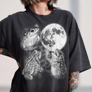 Three Toads Full Moon Graphic Tee, Distressed Frog Shirt, Cottagecore Nature Lover Top