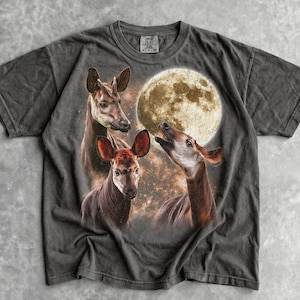 May include: A charcoal gray short-sleeve t-shirt featuring a graphic print of three okapis positioned in front of a large, textured full moon. The okapis are rendered in shades of brown and tan, set against a dark, starry, and nebula-like background.