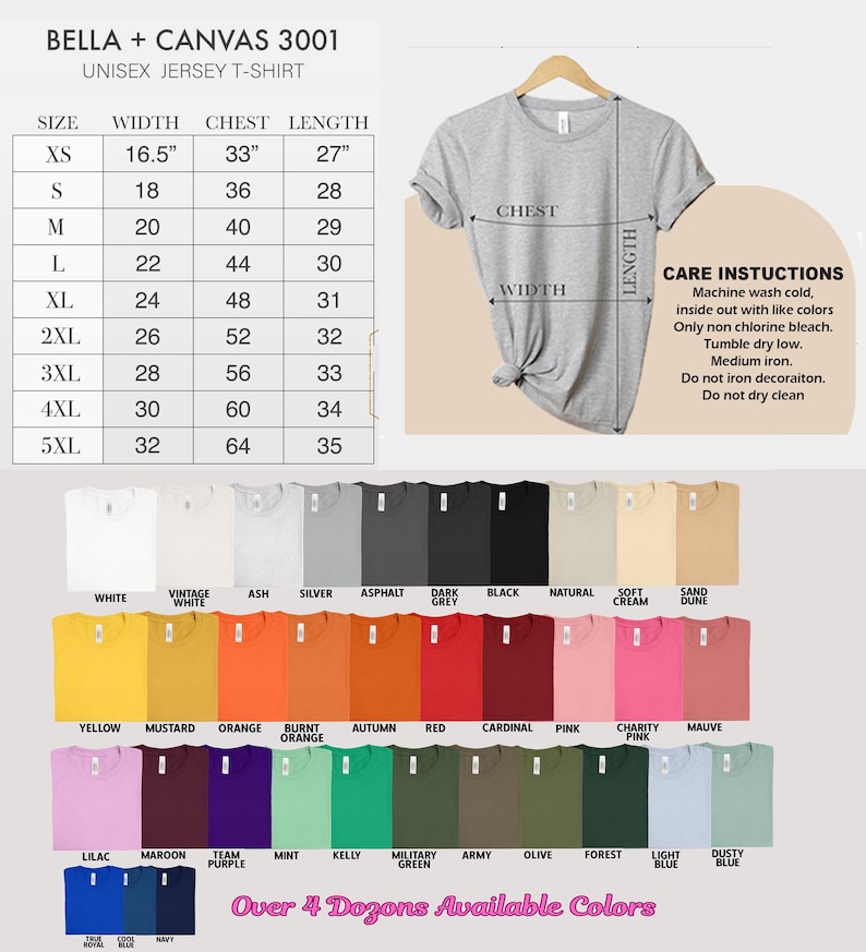 Puede incluir: Una camiseta unisex Bella + Canvas 3001 gris claro en una percha. La imagen incluye una tabla de tallas con medidas en pulgadas y una carta de colores con m&aacute;s de 4 docenas de colores disponibles.