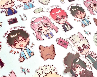 May include: A set of colorful anime-style stickers featuring characters with different expressions and poses. The stickers include text like "You look tasty" and "Wow~ ntmy too!"