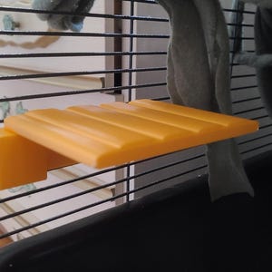 Peut inclure: Une étagère en plastique orange pour une petite cage pour animaux de compagnie. L'étagère a une forme rectangulaire avec une série de rainures parallèles sur la surface supérieure. Elle est montée sur un support et est conçue pour être fixée aux barreaux de la cage.