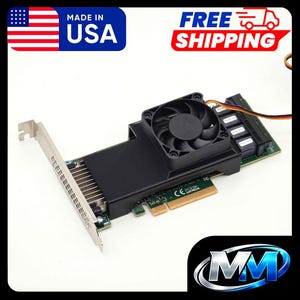 May include: A computer component with a black fan, silver heat sink, and green circuit board. The component has a metal bracket and several connectors. The image includes the text "MADE IN USA" and a logo.