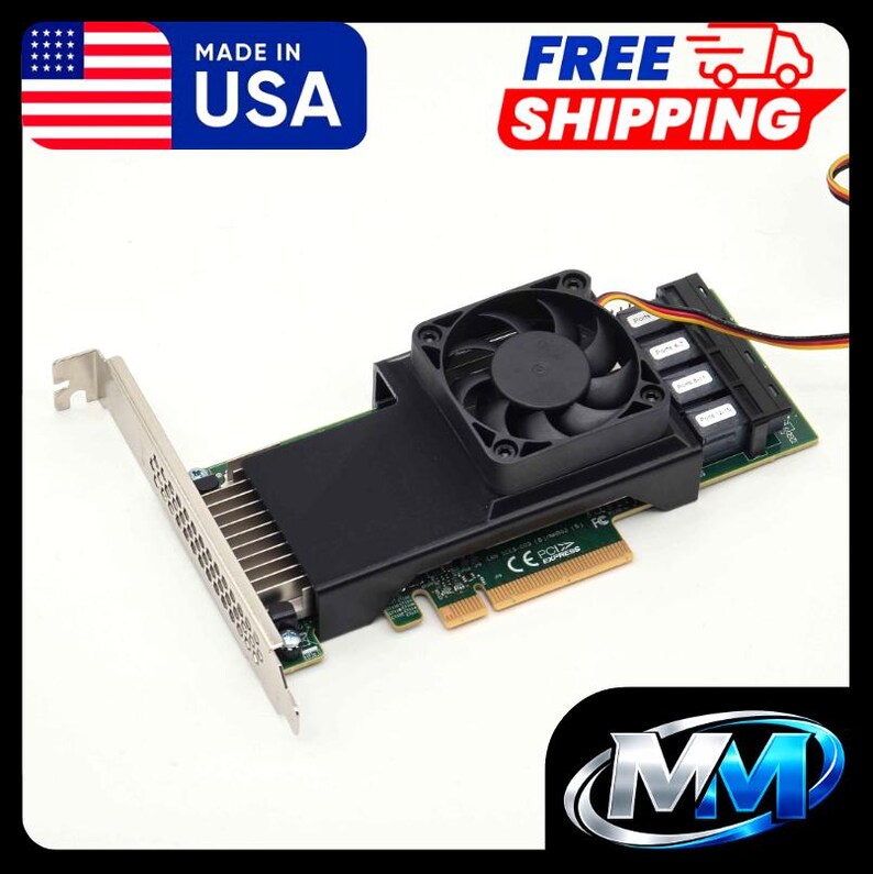 May include: A computer component with a black fan, silver heat sink, and green circuit board. The component has a metal bracket and several connectors. The image includes the text "MADE IN USA" and a logo.