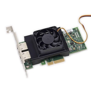 May include: A green printed circuit board expansion card featuring a black cooling fan housing, a metal mounting bracket, and two external ports. A thin yellow, red, and black wire extends from the fan assembly across the board components.