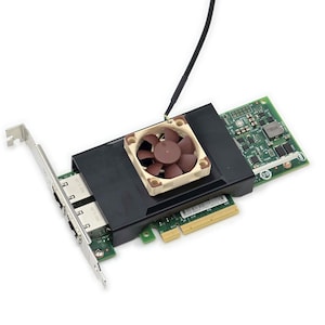 May include: A green printed circuit board network interface card featuring a black plastic shroud, a small brown and tan cooling fan, two metal ethernet ports, a silver mounting bracket, and a thin black cable extending from the fan assembly.