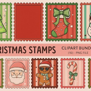 Könnte beinhalten: Eine Sammlung von Weihnachtsmarken mit verschiedenen Designs, darunter ein Weihnachtsbaum, ein Strumpf, ein Schneemann, ein Rentier, der Weihnachtsmann, ein Lebkuchenmann, eine Zuckerstange und ein Nussknacker. Die Marken sind quadratisch mit dekorativem Rand. Text: "CHRISTMAS STAMPS" und "CLIPART BUNDLE (10) - PNG FILE".