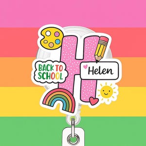 Bobine d'insigne d'enseignant personnalisée sur le thème de la rentrée, porte-carte d'identité avec nom initial personnalisé, jolie pince à crayons arc-en-ciel pour le personnel ou les infirmières