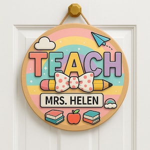 Letrero personalizado para puerta de profesor/a, con nombre personalizado en colores pastel arcoíris para la Sra. Helen, decoración de pared para el aula, bonito letrero con forma de lápiz y lazo.