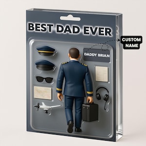 Bloc acrylique personnalisé pour papa pilote - Prénom personnalisé pour la fête des pères avec accessoires avion, casque et carte