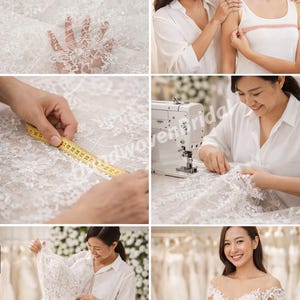 Peut inclure: S&eacute;rie d'images montrant la cr&eacute;ation d'une robe de mari&eacute;e en dentelle blanche. Le processus comprend la prise de mesures, la couture et l'essayage de la robe. La robe pr&eacute;sente des d&eacute;tails de dentelle complexes et une silhouette classique.