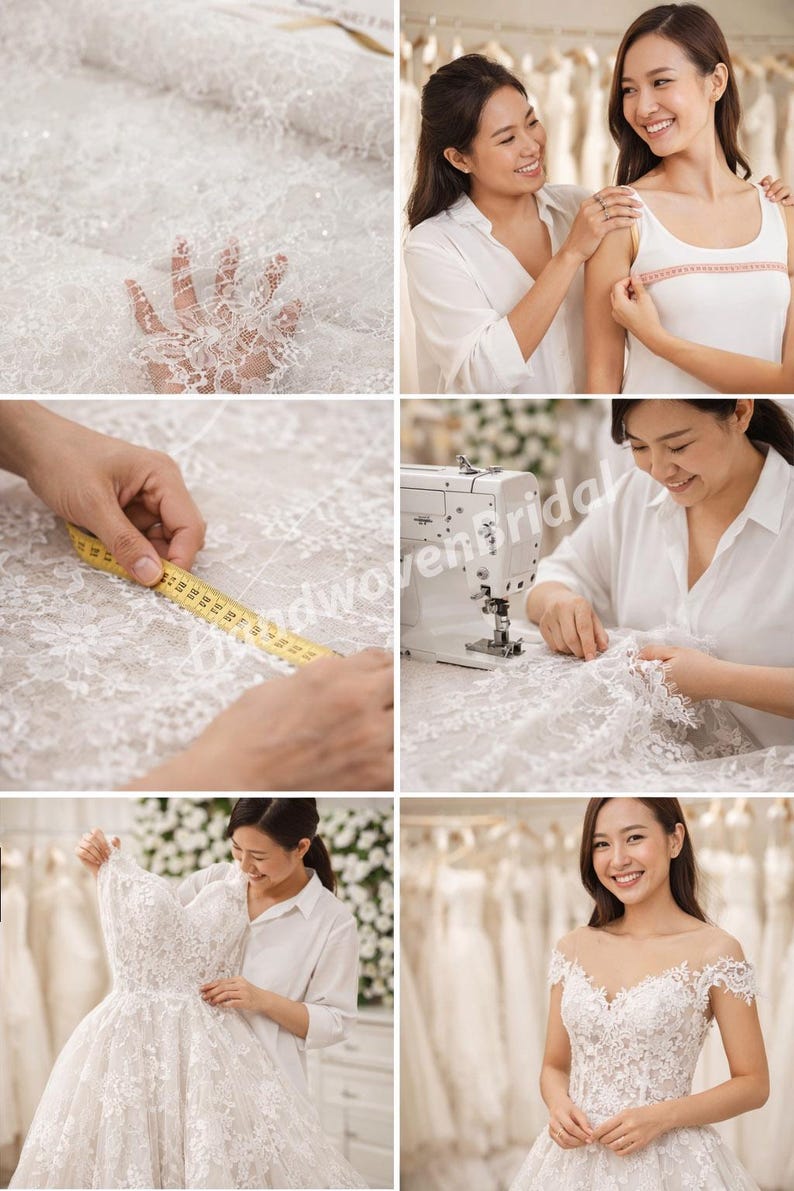 Peut inclure: S&eacute;rie d'images montrant la cr&eacute;ation d'une robe de mari&eacute;e en dentelle blanche. Le processus comprend la prise de mesures, la couture et l'essayage de la robe. La robe pr&eacute;sente des d&eacute;tails de dentelle complexes et une silhouette classique.