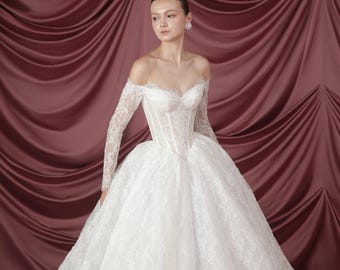 Long Sleeve Lace Ball Gown Celestial Ethereal Wedding Dress Crystal Beaded Bridal Gown Princess Wedding Dress Custom Made