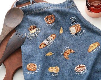 Kit para bordar delantales: Diseño de pan para hacer tú mismo sobre tela vaquera, ideal para principiantes.