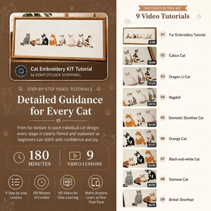 May include: A cat embroidery kit tutorial by Eight O'Clock Studyhall. The kit includes 9 video tutorials. The image shows a framed embroidery of various cat breeds. The tutorial promises detailed guidance for every cat, with 180 minutes of content.