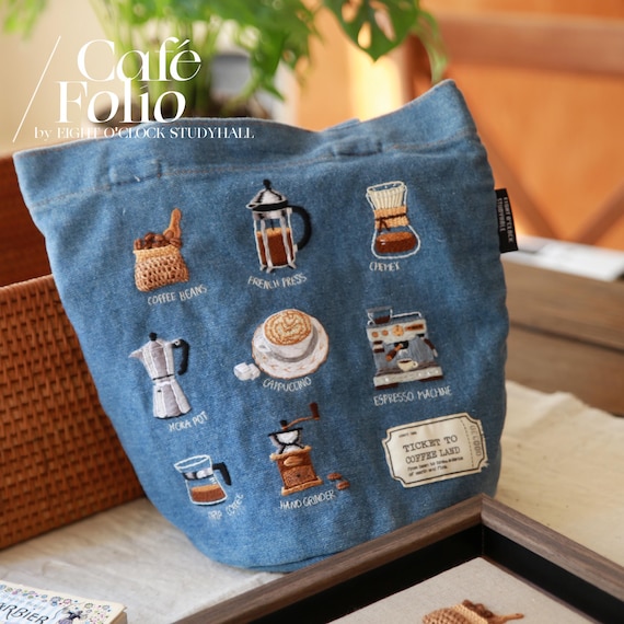Embroidery Bag DIY Kit: Coffee Design Denim Bucket Bag