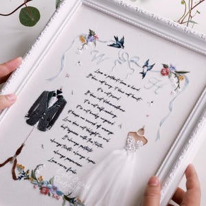 Pode incluir: Obra de arte bordada em uma moldura branca com um terno, um vestido de noiva e detalhes florais. A obra de arte inclui o texto de um poema de amor e é decorada com pássaros e fitas azuis.