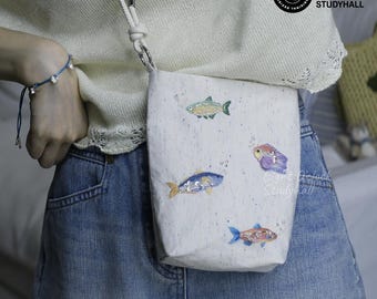 Kit de bordado para bolso bandolera mini con forma de pez: Manualidad para principiantes con tutorial.