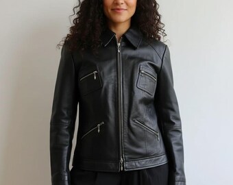 Vintage Black Leather Biker Jacket for Women | Genuine Sheep Leather | Retro Moto Style