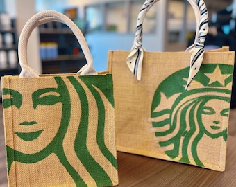 Bolsa de compras/bolsa de mano de la serie Starbucks pintada a mano, hecha de yute.