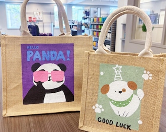 Bolsa de compras/bolsa de mano de la serie Animal pintada a mano, hecha de yute.