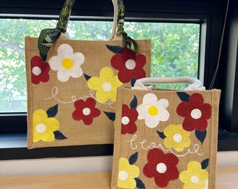 Bolsa de lona pintada a mano, arte original, floral, reutilizable, regalo para ella