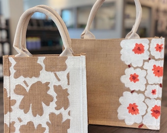 Bolsa de compras/bolsa de mano pintada a mano de la serie floral, hecha de yute.