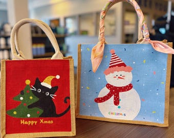 Bolsa de compras/bolsa de mano pintada a mano de la serie navideña, hecha de yute.