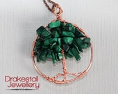 Malachite necklace: Tree of life necklace in copper and malachite, handmade wire-wrap copper pendant