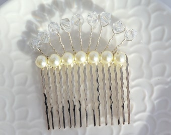 Beaded Hair Comb with Cream Pearls and Clear Crystal Beads on a Silver Comb