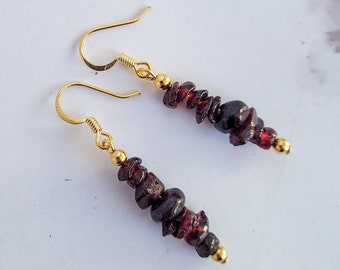Garnet beaded earrings with deep red garnet chips and gold beads