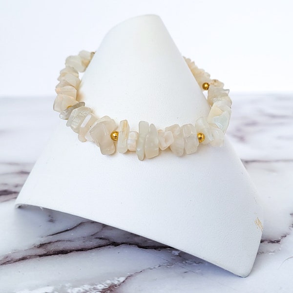 White moonstone bracelet with soothing white moonstone chips and gold beads