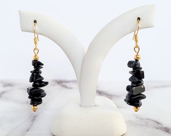 Obsidian earrings with black obsidian chips and gold beads